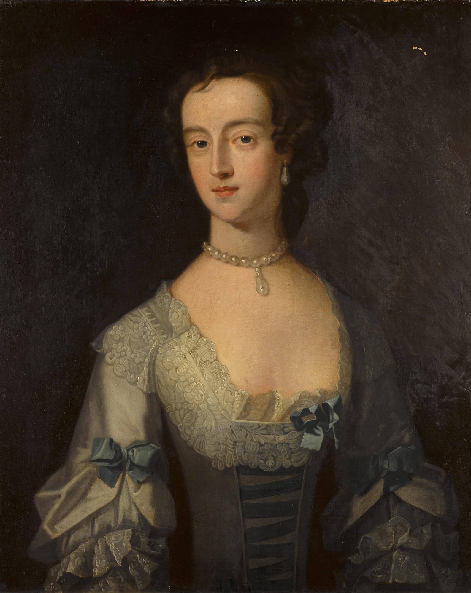 Thomas Bardwell - Portrait of Mary Sandys (née Trumbull, d. 1769), half-length, wearing a grey dress with blue bows, lace collar and a pearl necklace