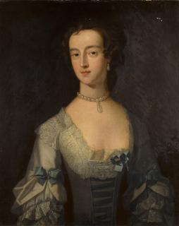 Thomas Bardwell - Portrait of Mary Sandys (née Trumbull, d. 1769), half-length, wearing a grey dress with blue bows, lace collar and a pearl necklace