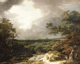 Thomas Barker Of Bath - A stormy wooded landscape with faggot gatherers by a river