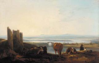 Thomas Barker Of Bath - Figures and cattle resting before a river estuary at sunset