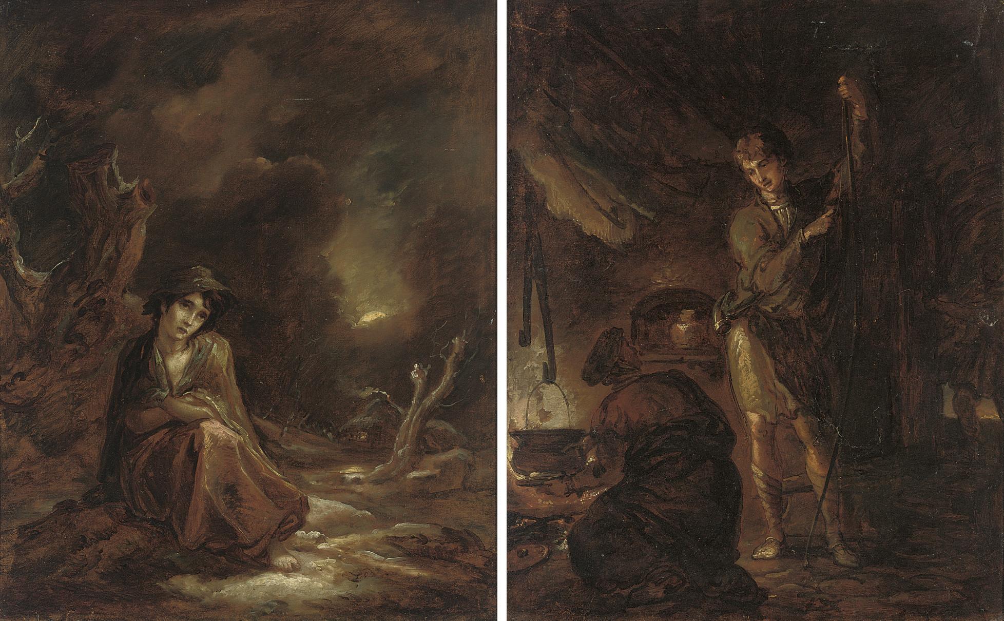 Thomas Barker of Bath - Scenes From William Cowper\'S \'The Task\' (1785): A Moonlit Winter Landscape With \'Crazy Kate\' At Rest On A Track; And A Boy Stringing A Bow