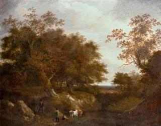 Thomas Barker of Bath - Travelers on a path with cattle watering at a pool in a wooded landscape