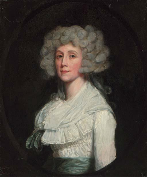 Thomas Beach - Portrait of a lady, half-length, in a white dress and green sash, feigned oval