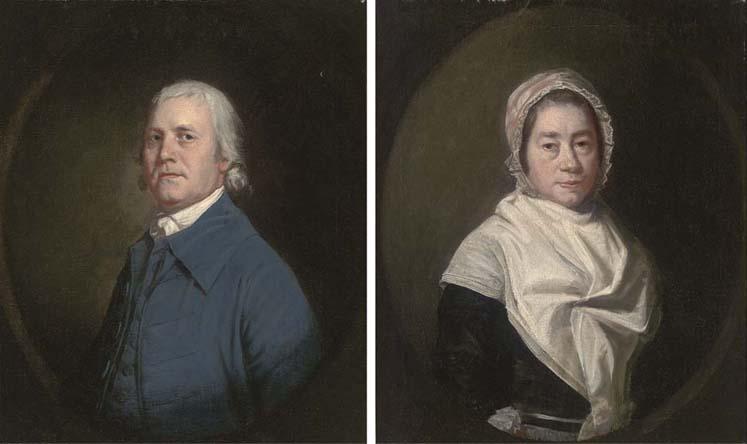 Thomas Beach - Portrait of Mr Highmore Skeats Snr. (1760-1831), Former Organist At Canterbury Cathedral, Half-Length, In A Blue Coat, Feigned Oval And Portrait of Mrs Skeats, Half-Length, In A Black Dress With A White Shawl And Bonnet, Feigned Oval