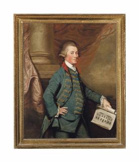 Thomas Beach - Portrait of William Helyar (d.1820), three-quarter-length, in an embroidered blue waistcoat and coat, holding a design for the Georgian wing of Coker Court, standing before a column