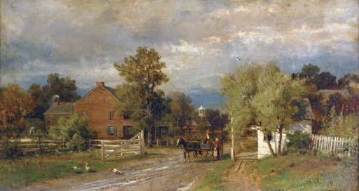 Thomas Bigelow Craig - A horse drawn cart with figures at the village toll gate