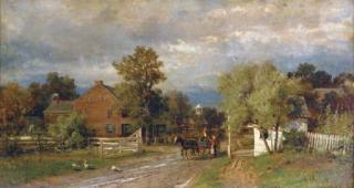 Thomas Bigelow Craig - A horse drawn cart with figures at the village toll gate