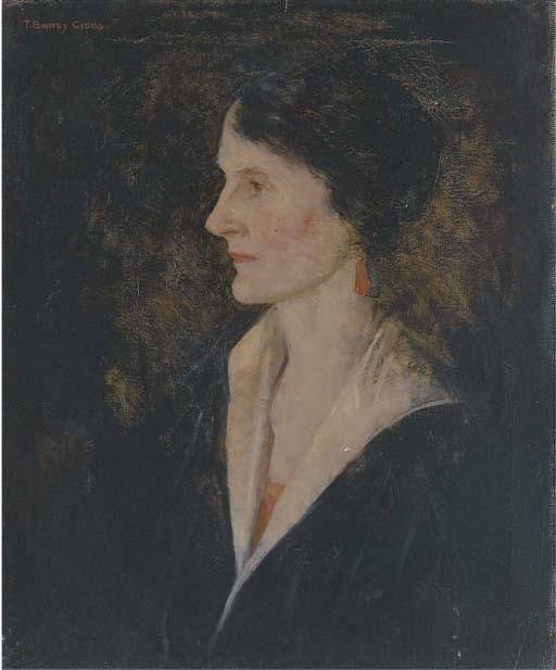 Thomas Binney Gibbs - Portrait of a lady, thought to be the daughter of Samuel Greenwood, bust-length, profile, wearing red earrings