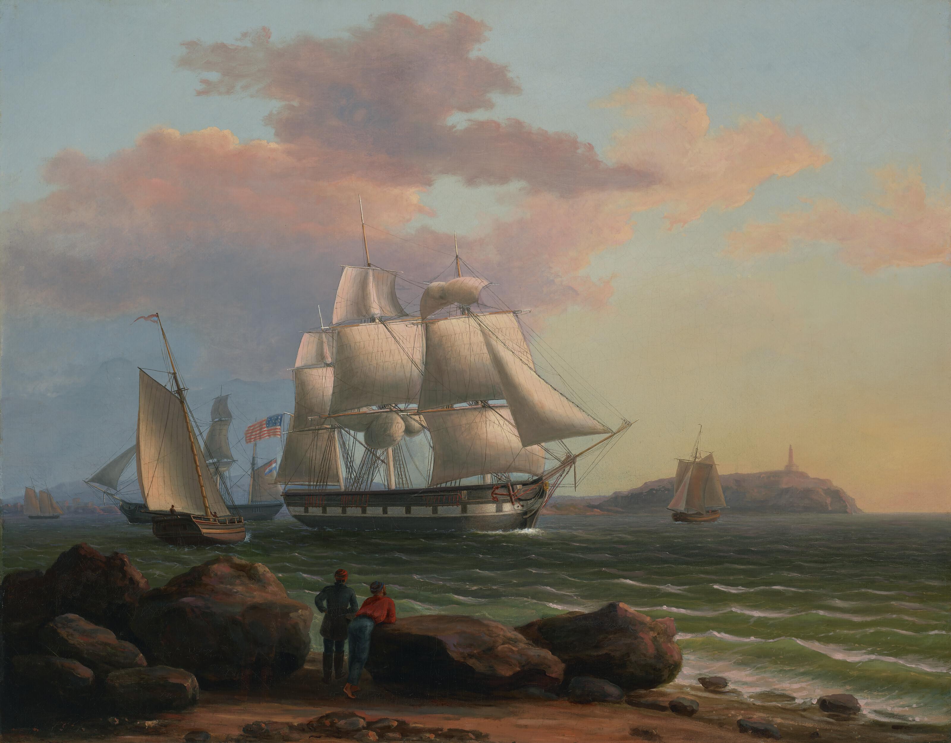 Thomas Birch - An American Merchantman Backing Her Sails As She Heaves-to Off A Rocky Shore