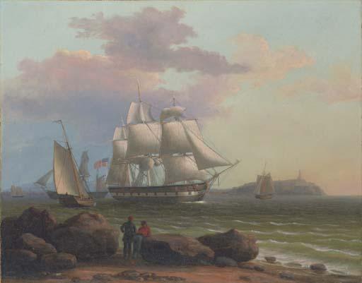 Thomas Birch - An American merchantman backing her sails as she heaves-to off a rocky shore