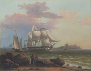 Thomas Birch - An American merchantman backing her sails as she heaves-to off a rocky shore