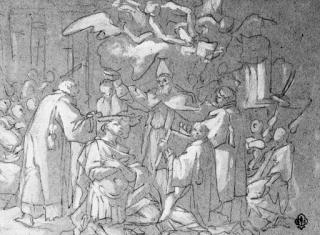 Thomas Blanchet - A Doctor of the Church and the Baptism of Clovis (recto); and An angel supporting a cloud and a group of angels (verso)