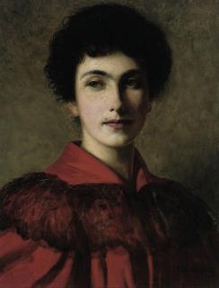 Thomas Bowman Garvie - Portrait of Isabella Grey (b. 1870), bust-length, in a red dress