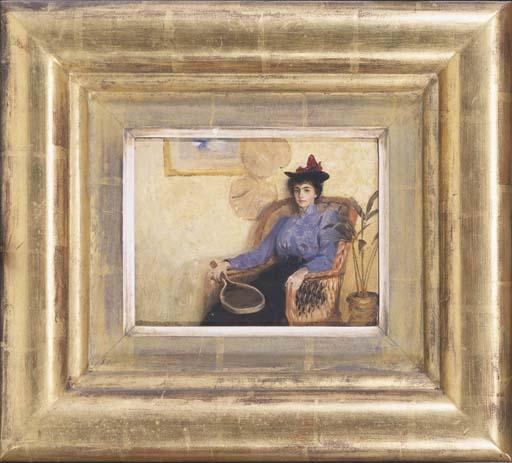 Thomas Bowman Garvie - Portrait Sketch Of Isabella Grey In The Drawing Room At Whalton Manor House, Seated In A Wicker Chair Holding A Tennis Racket