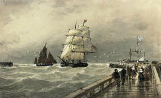 Thomas Bush Hardy, R.B.A. - A frigate and other shipping in the entrance to Calais harbour