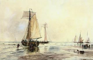 Thomas Bush Hardy, R.B.A. - A hazy morning, Katwijk aan Zee (illustrated); and Mouth of the harbour, Calais