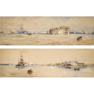 Thomas Bush Hardy R.B.A. - A Training Hulk On The Medway; Upnor Castle On The Medway