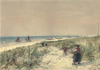 Thomas Bush Hardy, R.B.A. - Fishwives heading for the beach to collect the day\'s catch at Scheveningen
