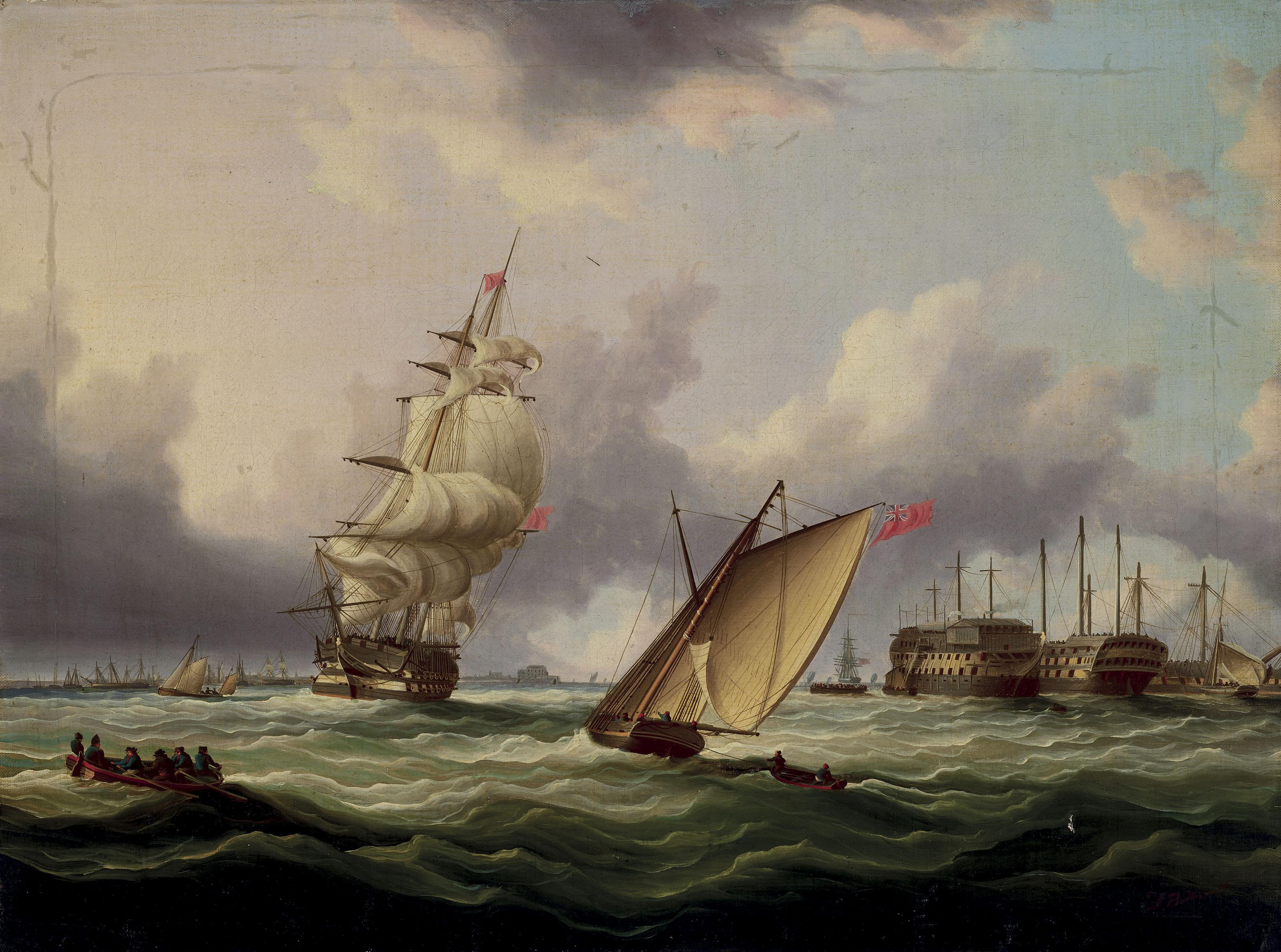 Thomas Buttersworth, Jun. - A 74 And Other Shipping Vessels In A Stiff Breeze, Passing Prison Hulks