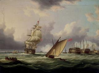 Thomas Buttersworth, Jun. - A 74 And Other Shipping Vessels In A Stiff Breeze, Passing Prison Hulks