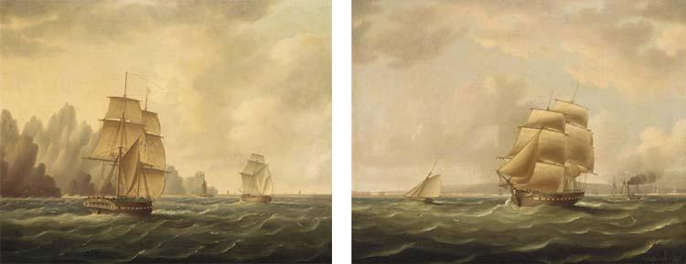 Thomas Buttersworth, Jun. - A frigate running past a port with the outward-bound packet Rapid off her stern;  and A British armed brig and Dutch galliot off a rocky coast, thought to be in Arctic waters