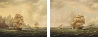 Thomas Buttersworth, Jun. - A frigate running past a port with the outward-bound packet Rapid off her stern;  and A British armed brig and Dutch galliot off a rocky coast, thought to be in Arctic waters