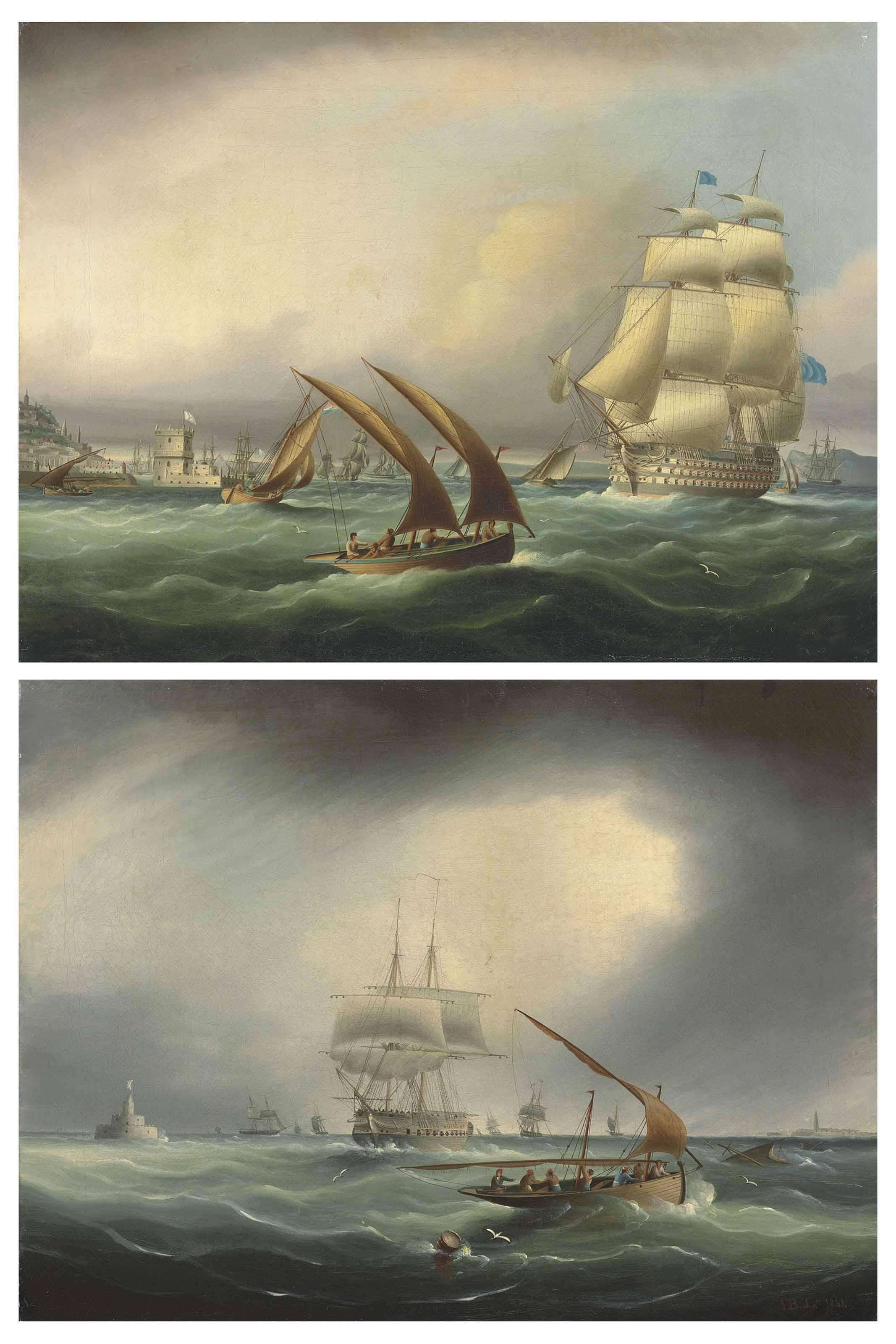 Thomas Buttersworth, Jun. - A Royal Navy First Rate Outward Bound From Lisbon, Passing The Belem Tower On Her Starboard Bow; And An Armed Merchantman Passing The Torre De Bugio, As She Enters The Tejo Estuary, Lisbon