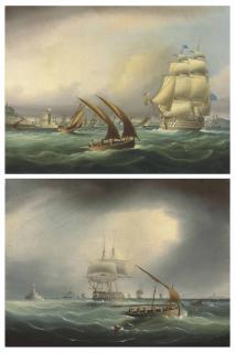 Thomas Buttersworth, Jun. - A Royal Navy First Rate Outward Bound From Lisbon, Passing The Belem Tower On Her Starboard Bow; And An Armed Merchantman Passing The Torre De Bugio, As She Enters The Tejo Estuary, Lisbon
