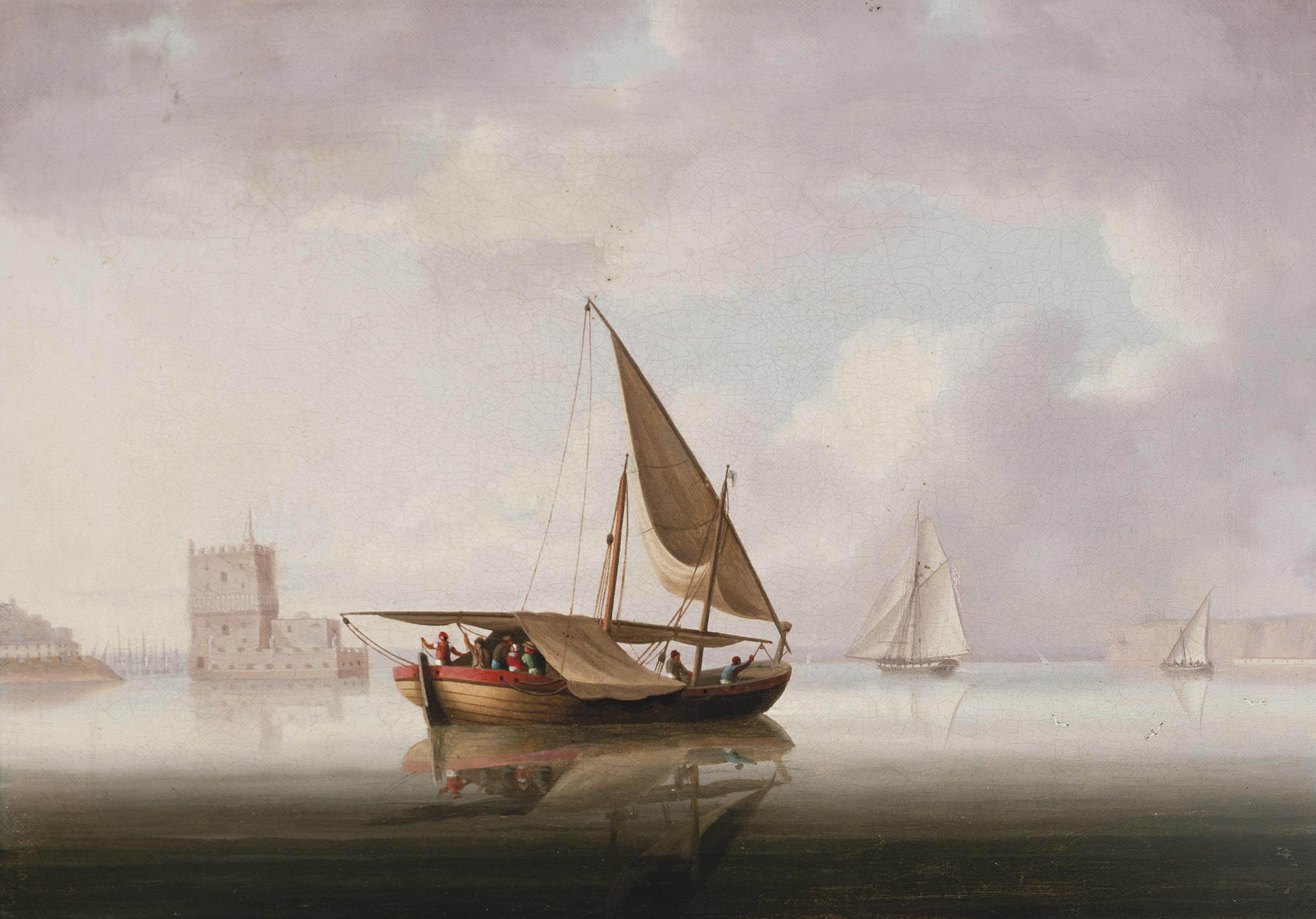 Thomas Buttersworth, Sen. - A cutter yacht, xebec and other Mediterranean craft in the Tagus, before the Belem Tower, Lisbon