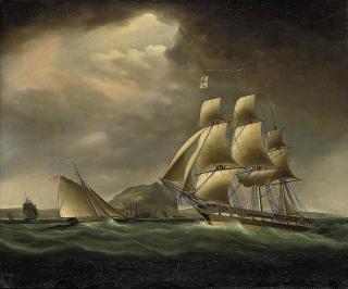 Thomas Buttersworth, Sen. - A frigate and a Royal Navy cutter in a stiff breeze off Gibraltar