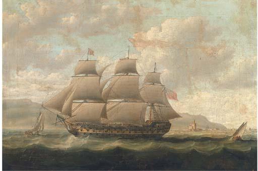 Thomas Buttersworth, Sen. - A Royal Naval Three-Decker Running Past A Spanish Fortress During The Napoleonic Blockade