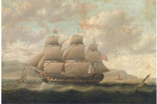 Thomas Buttersworth, Sen. - A Royal Naval Three-Decker Running Past A Spanish Fortress During The Napoleonic Blockade