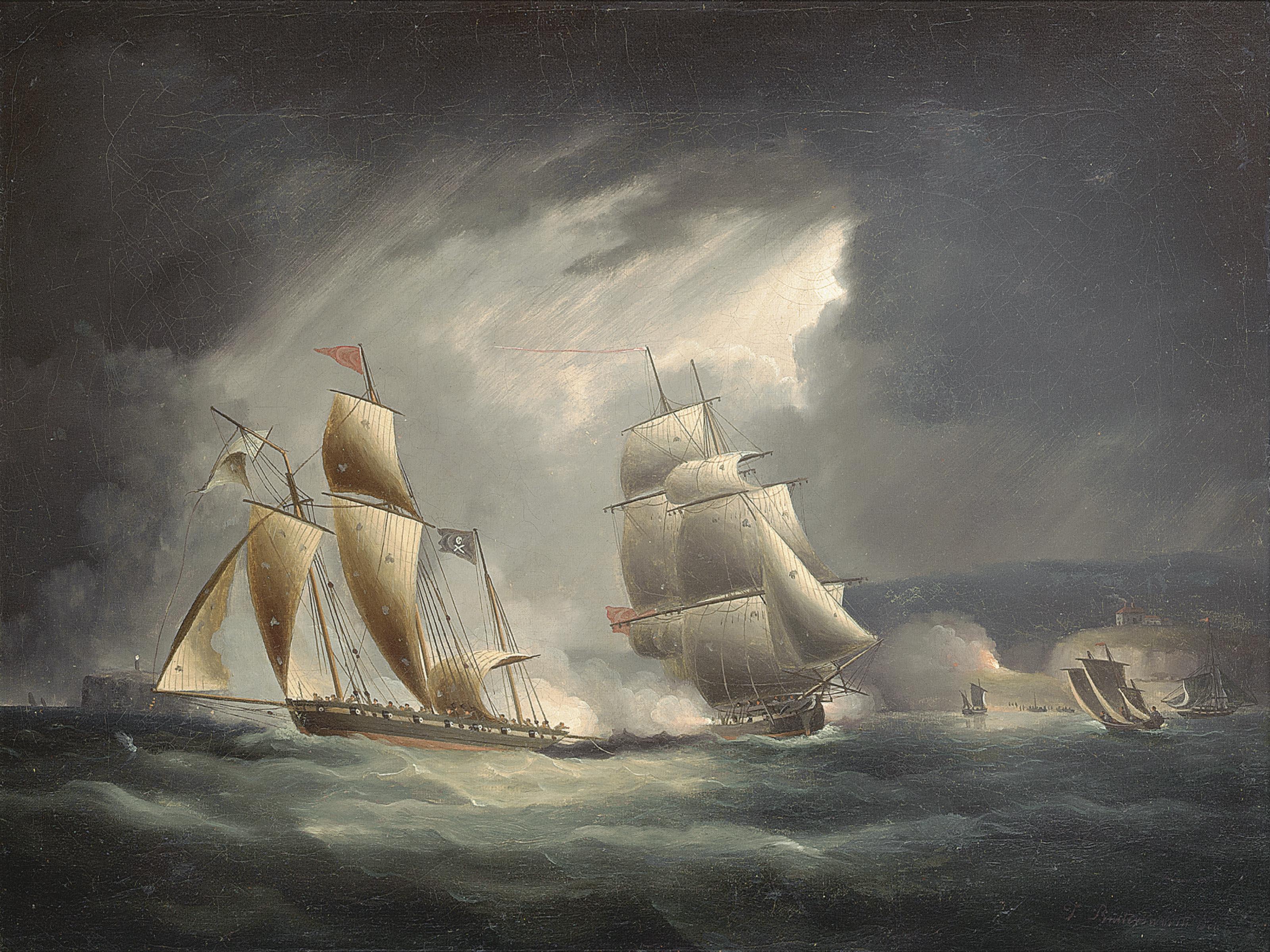 Thomas Buttersworth, Sen. - A Royal Navy frigate engaging and chasing a pirate lugger off the south coast