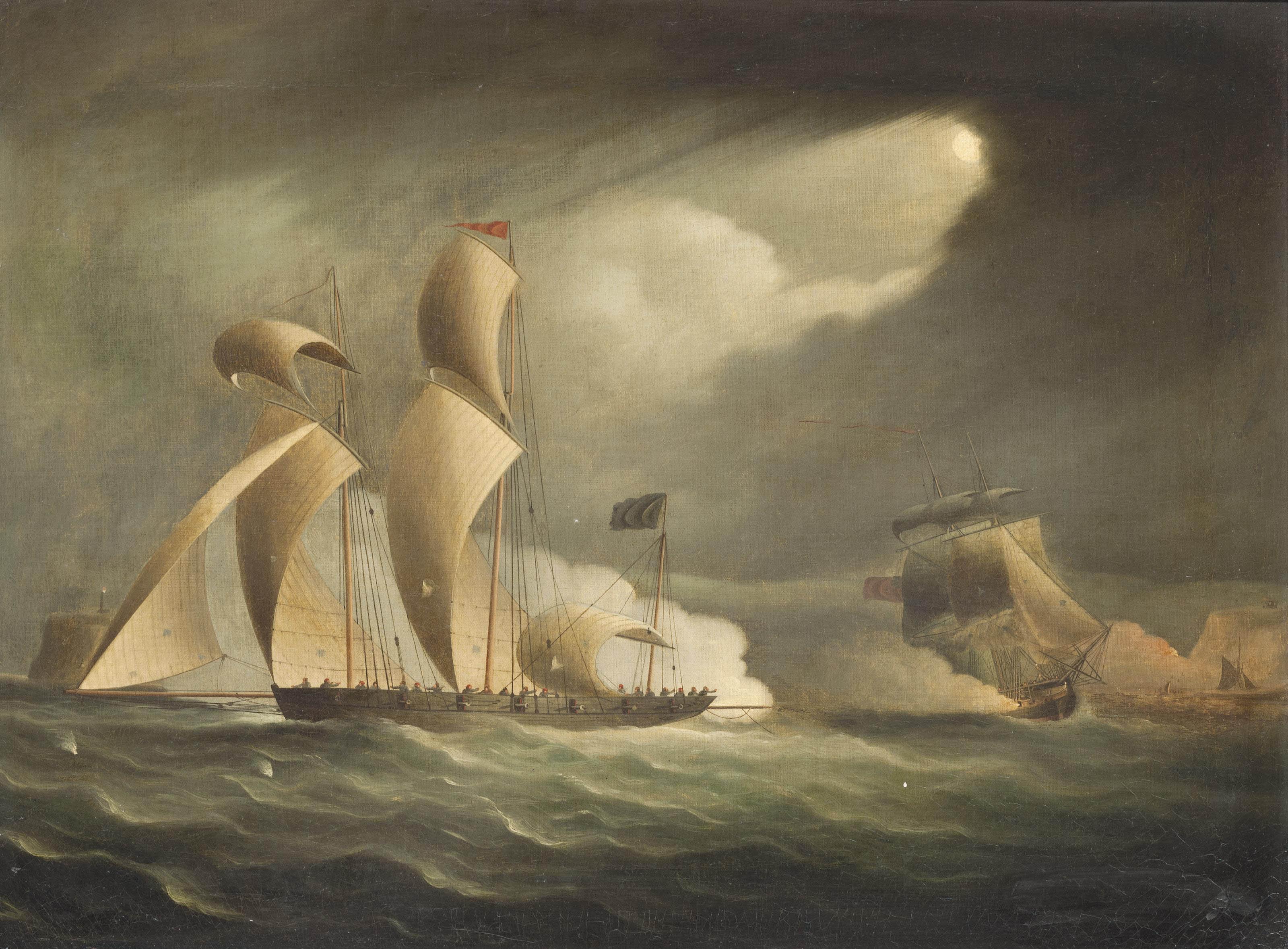 Thomas Buttersworth, Sen. - A Royal Navy frigate engaging and chasing a pirate lugger under the cover of darkness