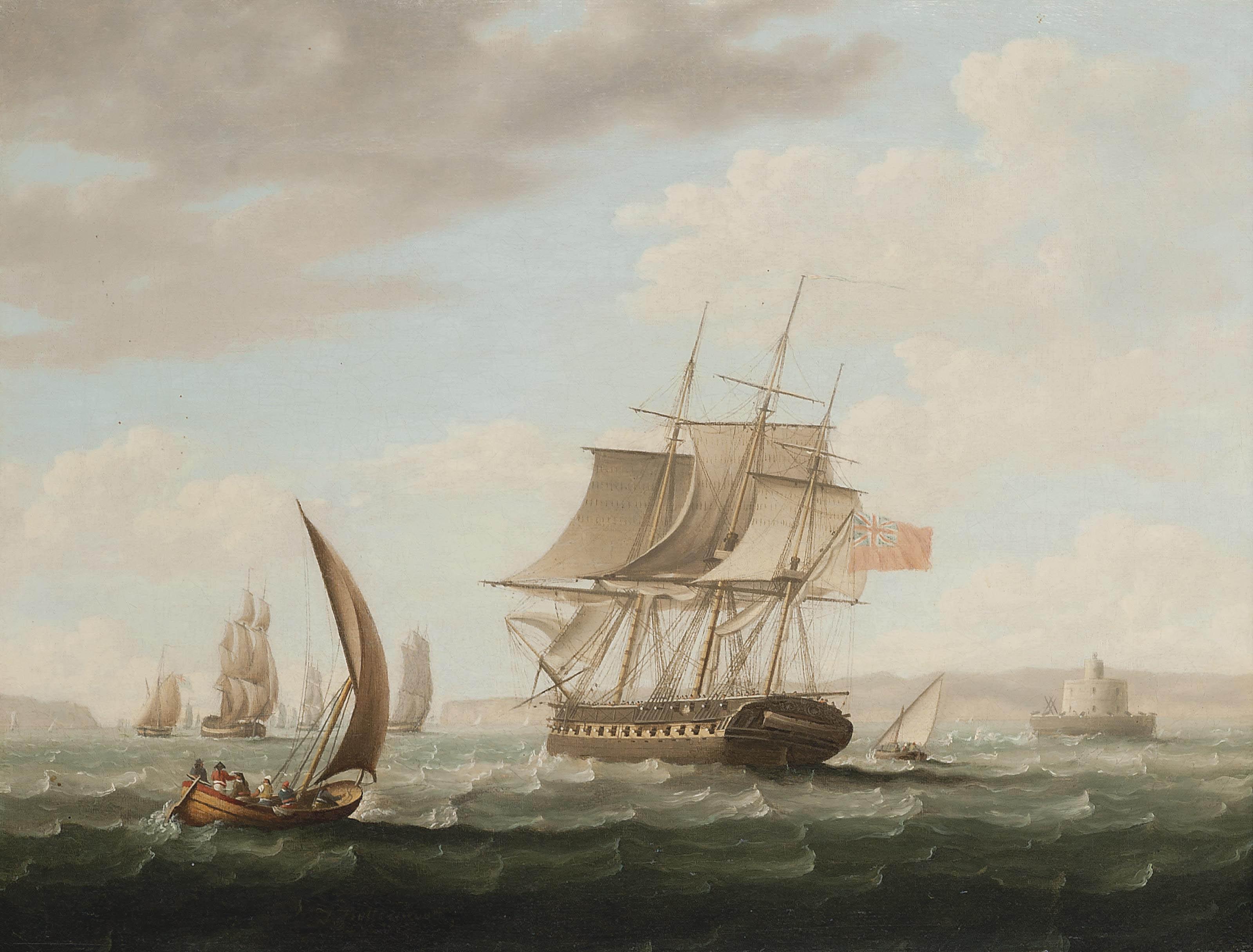 Thomas Buttersworth, Sen. - An English frigate off the Belem Tower in the Tagus, Lisbon, clawing her way to windward in the prevailing winds