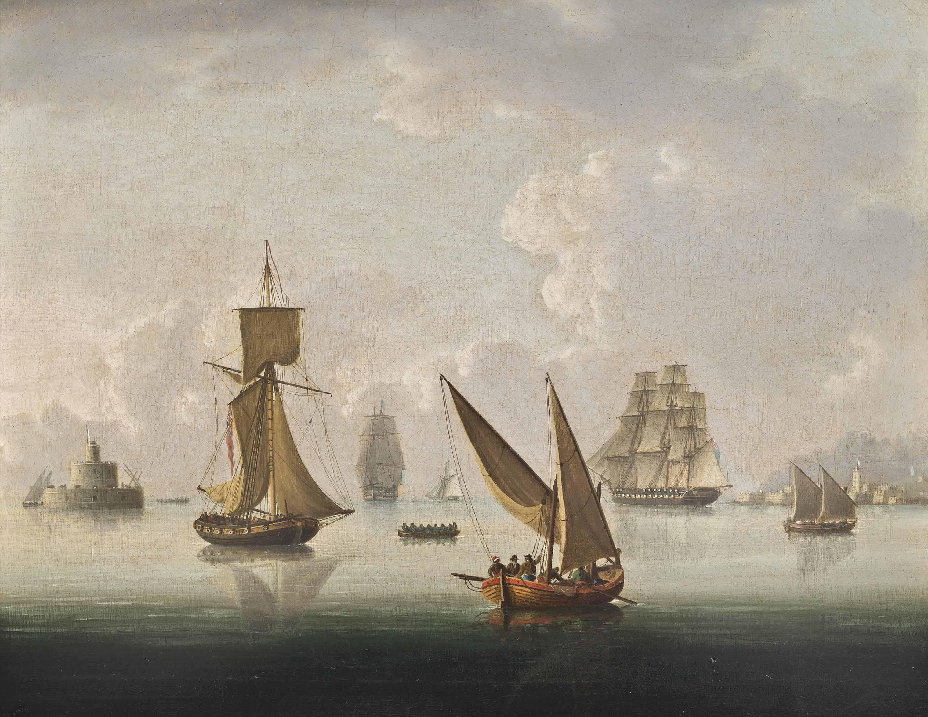 Thomas Buttersworth, Sen. - British Warships, An Armed Cutter And Xebecs Becalmed On The Tagus, Lisbon
