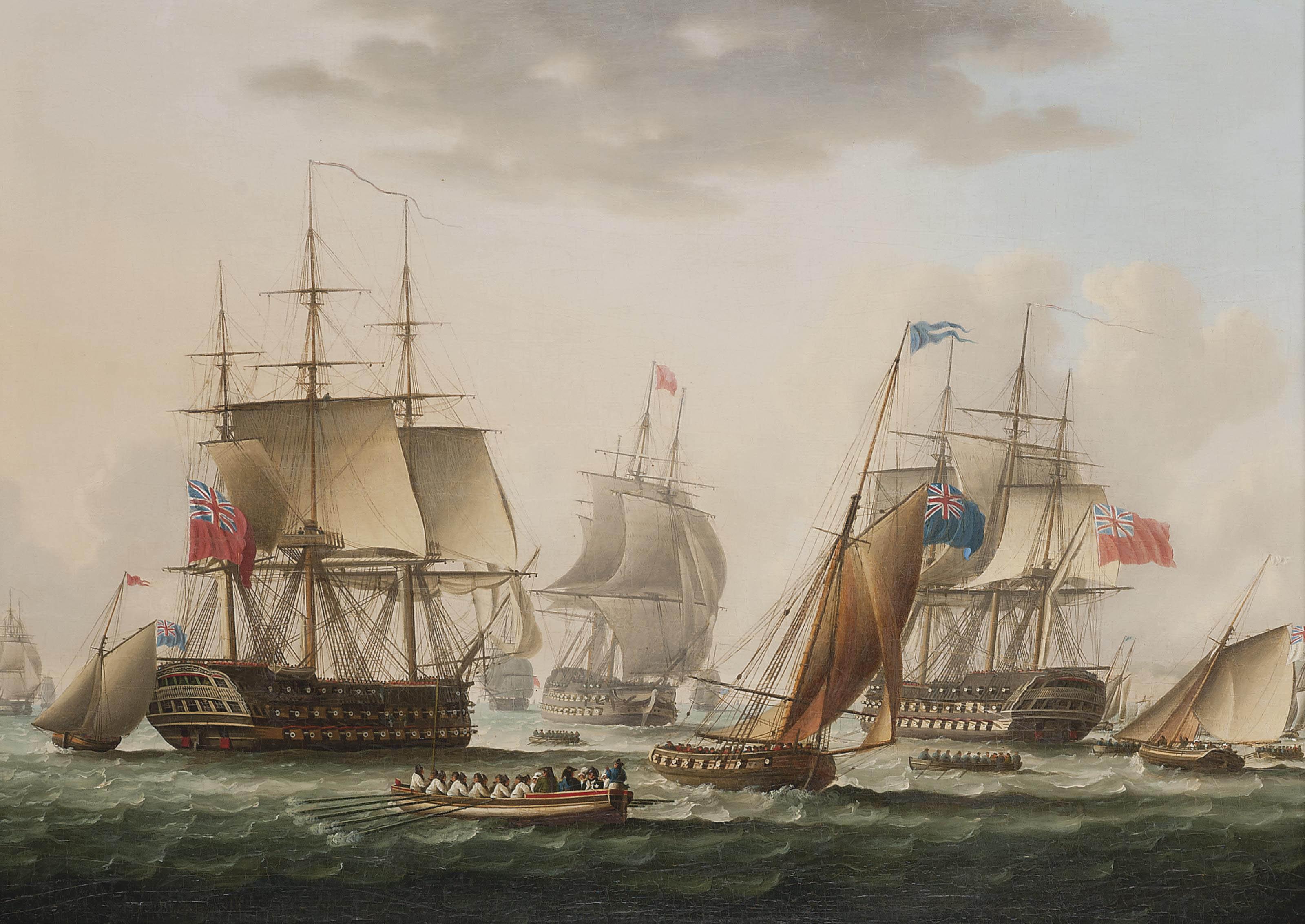 Thomas Buttersworth, Sen. - Napoleon being transferred from H.M.S. Bellerophon to H.M.S. Northumberland off Plymouth, on 7th August 1815, for his final voyage to St. Helena