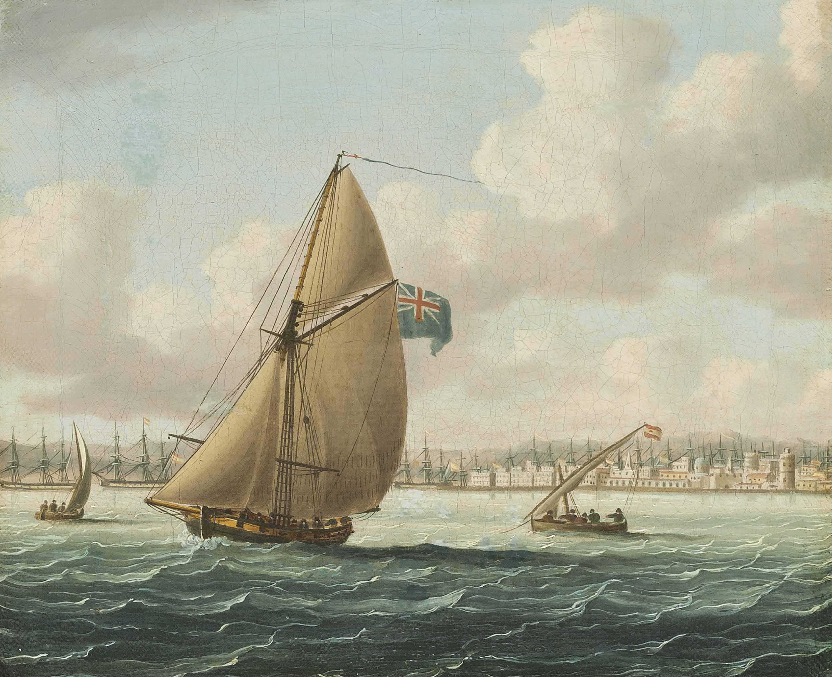 Thomas Buttersworth, Sen. - The Blockade Of Cadiz, 1797: The Spanish Fleet Lying In The Port Of Cadiz With A Royal Navy Cutter Patrolling The Harbour