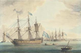 Thomas Buttersworth, Sen. - The Blockading Fleet off Cadiz in 1797, with Lord St Vincent\'s flagship Ville de Paris anchored in the foreground