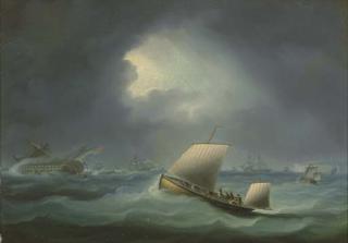 Thomas Buttersworth Senior - A British warship and other shipping in the channel caught in a gale with a pilot lugger going to rescue