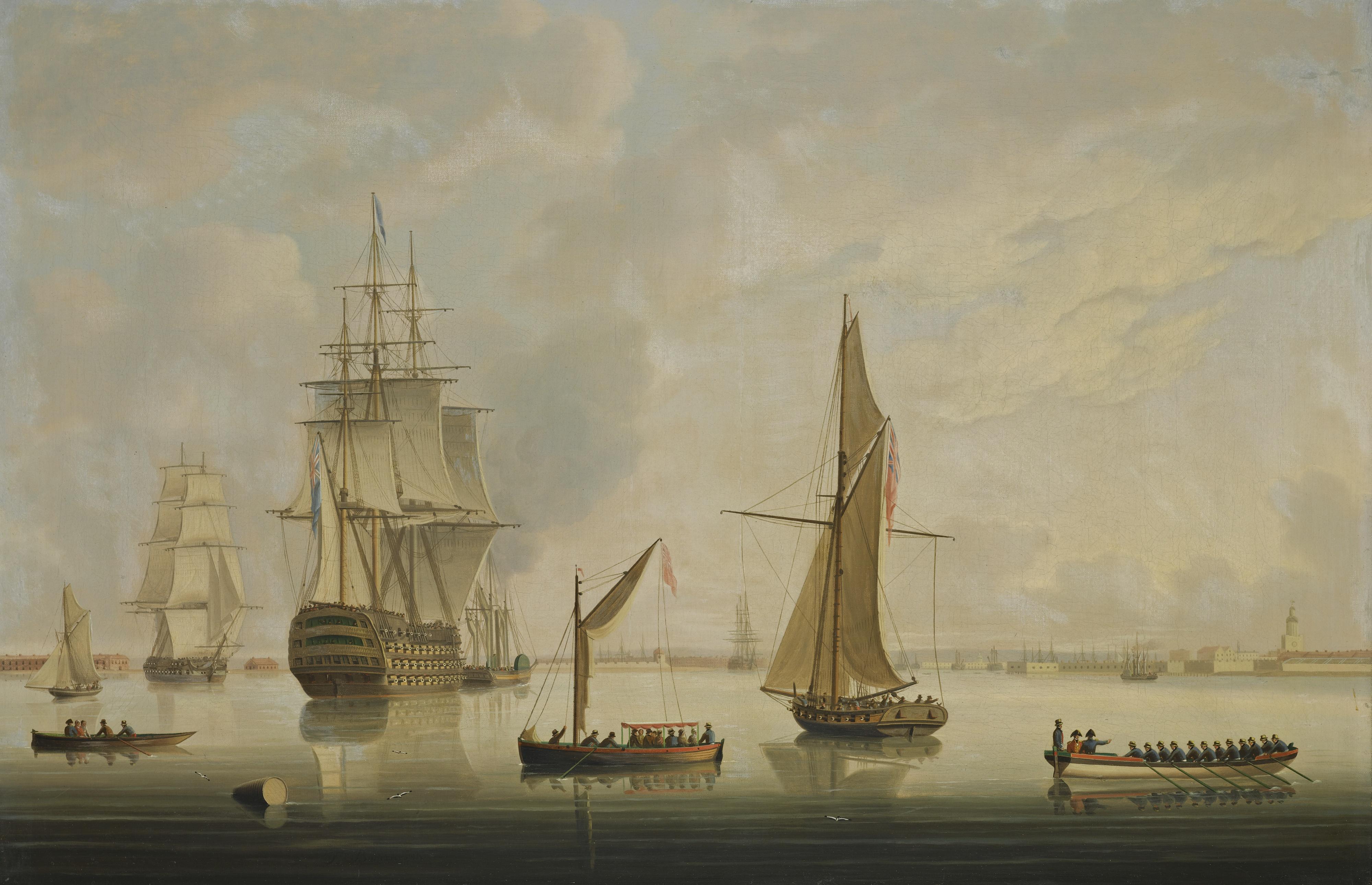 Thomas Buttersworth - A British Man-Of-War Being Towed Into Portsmouth Harbour By A Steam Tug