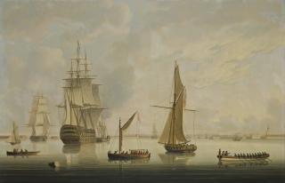 Thomas Buttersworth - A British Man-Of-War Being Towed Into Portsmouth Harbour By A Steam Tug