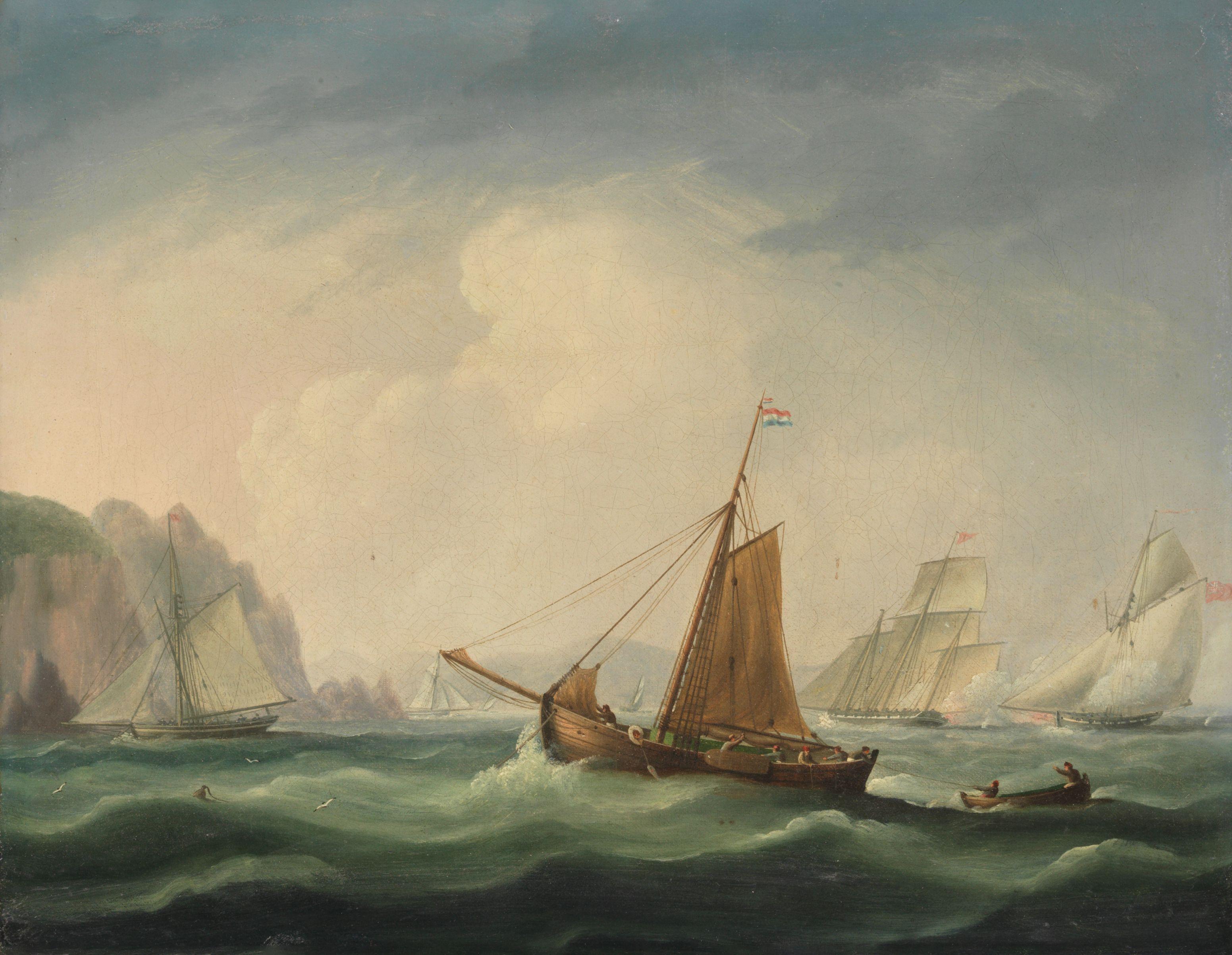 Thomas Buttersworth - A Dutch fishing boat off a rocky shore and seemingly unaware of the furious action between a Royal Navy cutter, probably on anti-smuggling duty, and an armed lugger off her starboard beam