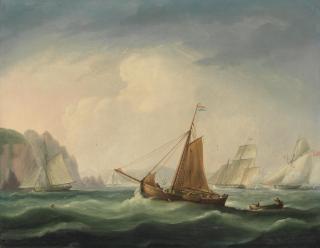 Thomas Buttersworth - A Dutch fishing boat off a rocky shore and seemingly unaware of the furious action between a Royal Navy cutter, probably on anti-smuggling duty, and an armed lugger off her starboard beam
