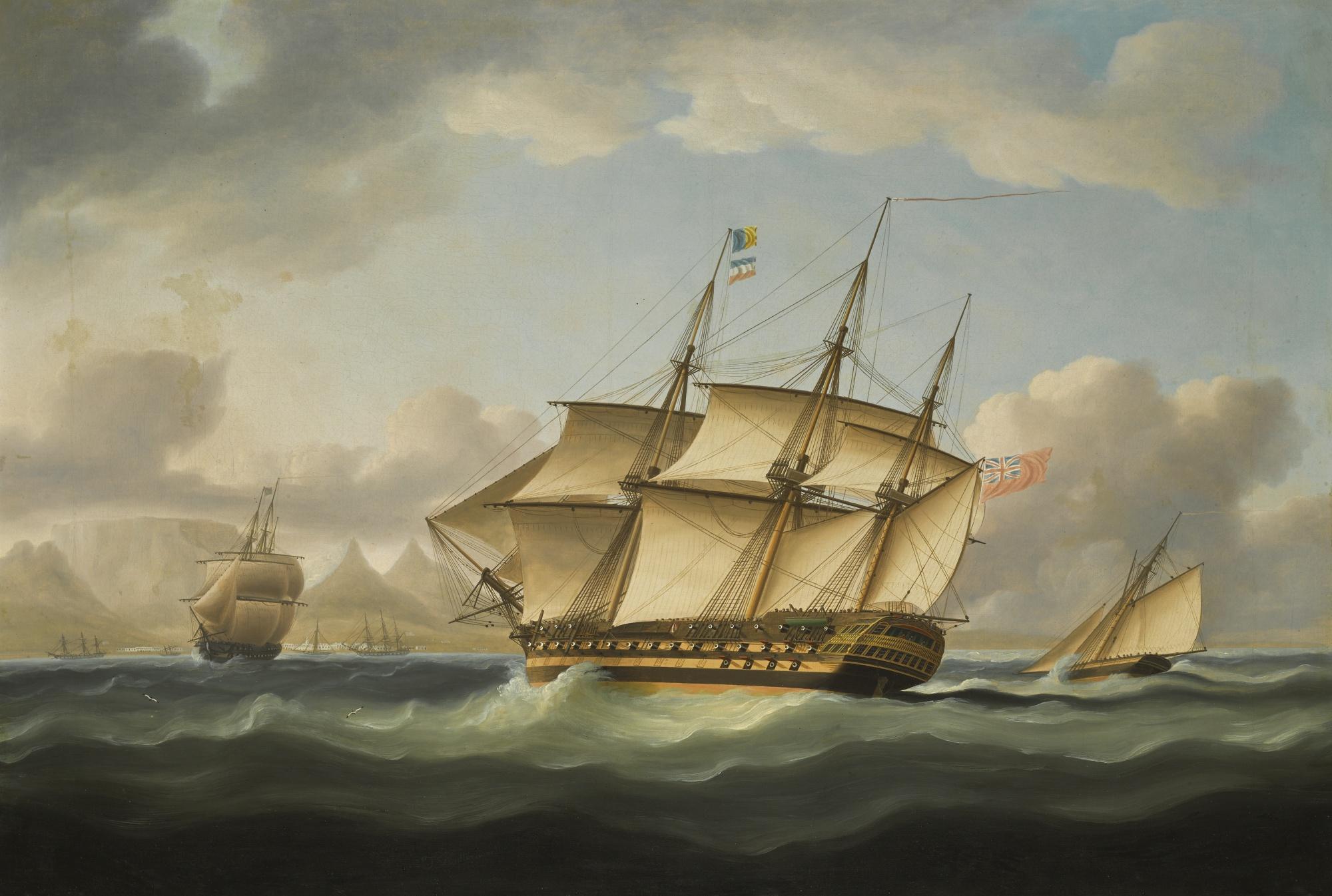 Thomas Buttersworth - A Third-Rate British Privateer With A Cutter Astern Off The Cape Of Good Hope, With A View Of Table Bay And Cape Town Beyond