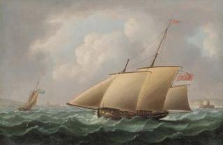 Thomas Buttersworth - An armed Naval lugger patrolling off the mouth of the Tagus with the Belem Tower in the far distance off her starboard bow