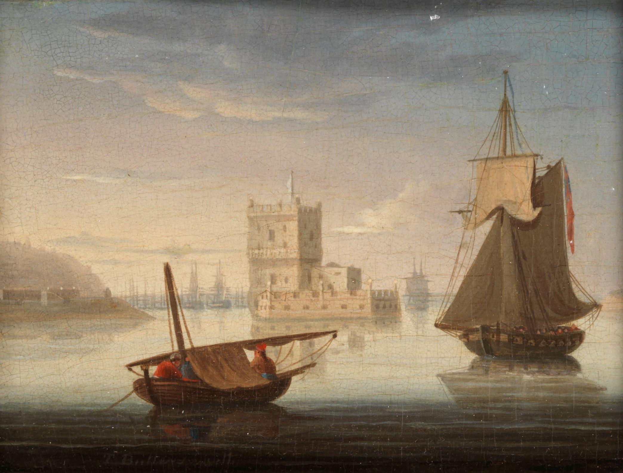 Thomas Buttersworth - Boats on the Tagus estuary, with Belem Tower beyond
