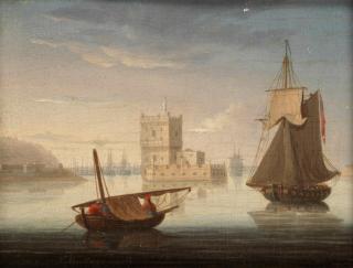 Thomas Buttersworth - Boats on the Tagus estuary, with Belem Tower beyond