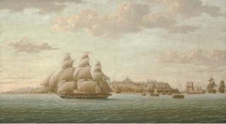 Thomas Buttersworth - Captain Lord Cochrane\'S Frigate Pallas Leaving The Tagus Under Full Sail, The City of Lisbon Beyond And The Belem Tower Receding Astern