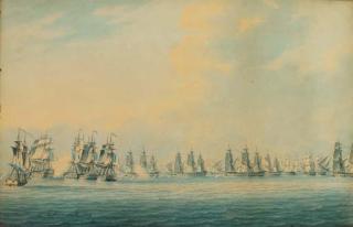 Thomas Buttersworth - French and British ships of the line engaging in battle
